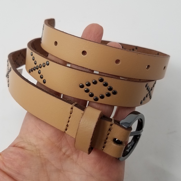 Lucky Brand Women Diamond and X Pattern Studded Leather Belt New Beige Medium - Picture 2 of 6